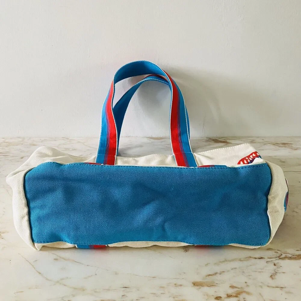 TORY BURCH Ivory Blue Red Color Block Canvas Tote Bag